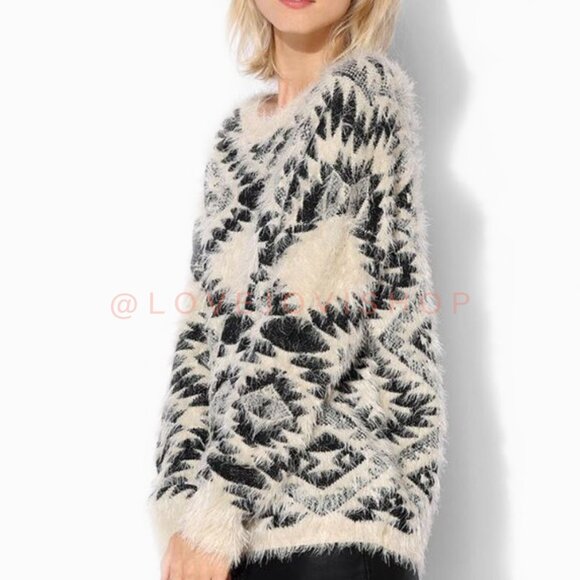 Dex 1963 Aztec Inspired Southwestern Sweater | Black & White Fuzzy Mohair Knit - Picture 2 of 10